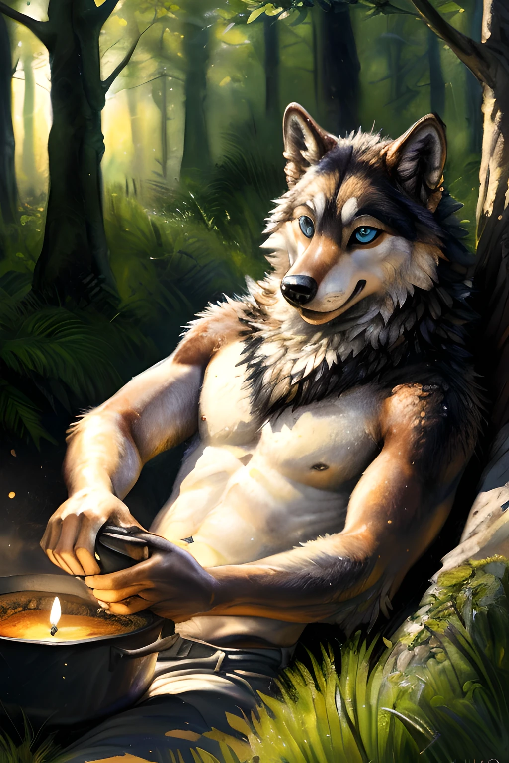 solo, male, (slim), (male anthro wolf):1.3, grey body, white furry belly, (laying on back):1.3, ((night)) (inside a black cooking pot), knot, cannine penis, detailed eyes, wolf tail, ((body portrait)), (detailed eyes, blue eyes, glowing eyes):1.1, (outdoors:1.35), one big cooking pot, forest, candle light, night, (particles ,firefly, blue glowing):1.3, detailed background, photorealistic, realistic hands, 8k HD, (dark shadows, wide dynamic range, hdr, low light:1.2), by (by Pino Daeni, (by ruaidri), (by virtyalfobo), (by Kenket).