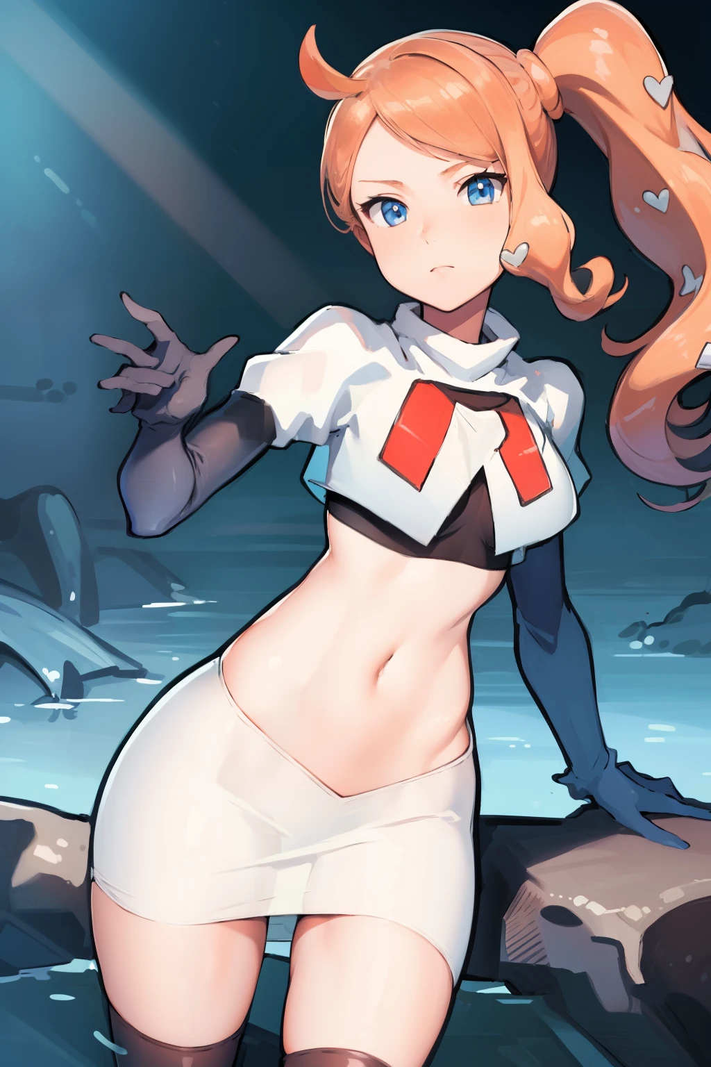 (masterpiece, best quality:1.2), cowboy shot, solo, 1girl, sonia, looking at viewer, side ponytail, heart hair ornament, team rocket,team rocket uniform,white skirt,crop top,black thigh-highs,black elbow gloves