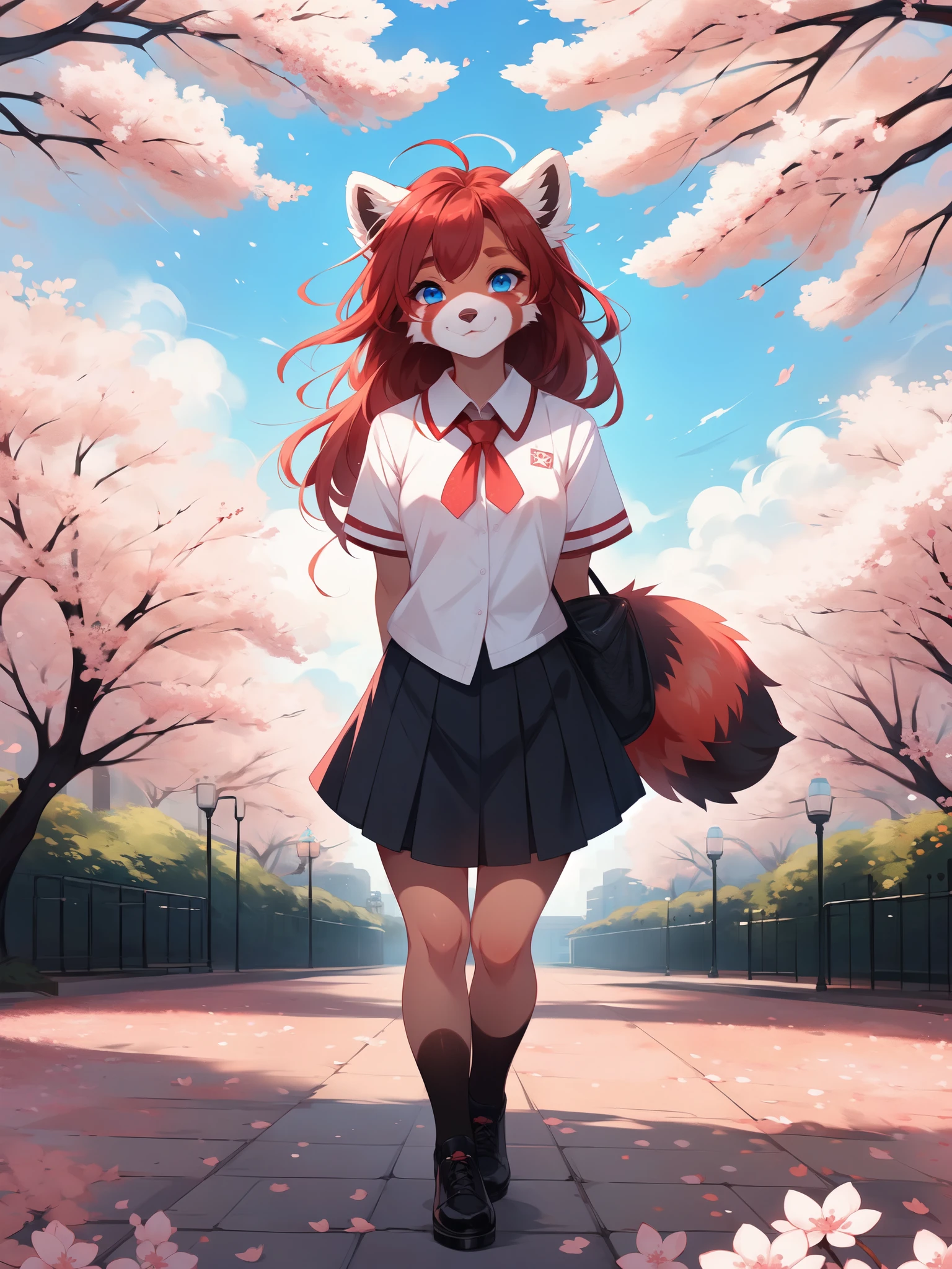 By fumiko, by hyattlen, by hioshiru, a cute red panda girl, red hair, blue eyes, school uniform, in a park, cherry blossom park, black shoes