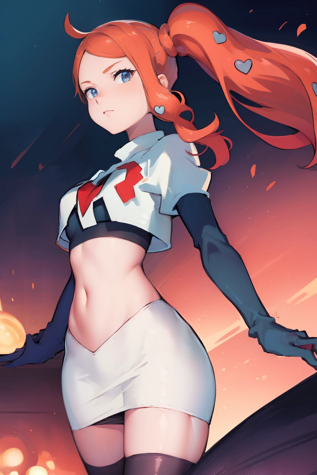 (masterpiece, best quality:1.2), cowboy shot, solo, 1girl, sonia, looking at viewer, side ponytail, heart hair ornament, team rocket,team rocket uniform,white skirt,crop top,black thigh-highs,black elbow gloves