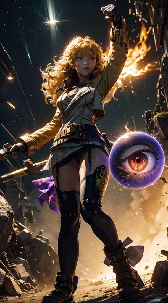 masterpiece,best quality,CG,wallpaper,HDR,high quality,high-definition,extremely detailed,(1girl), Yang Xiao Long, red eyes, absurdly long hair, large breasts, (yanghntr), jacket, thighhighs, garter straps, ahoge, belt, boots, black skirt, night, smile, gauntlets, ((glowing eyes)), walking, purple