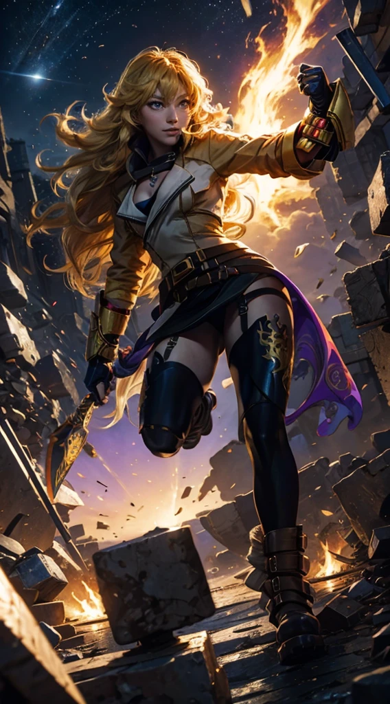 masterpiece,best quality,CG,wallpaper,HDR,high quality,high-definition,extremely detailed,(1girl), Yang Xiao Long, red eyes, absurdly long hair, large breasts, (yanghntr), jacket, thighhighs, garter straps, ahoge, belt, boots, black skirt, night, smile, gauntlets, ((glowing eyes)), walking, purple