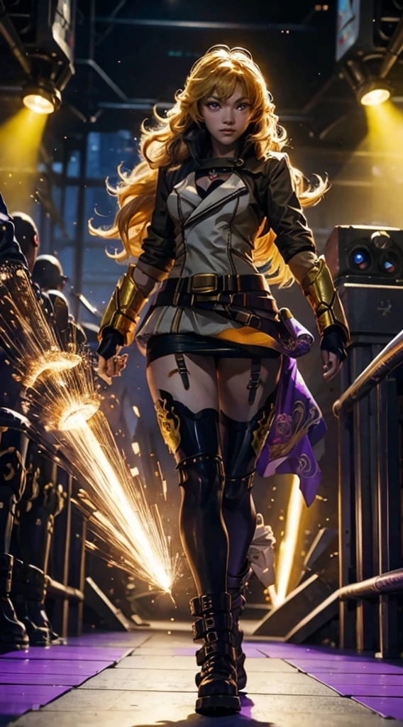 masterpiece,best quality,CG,wallpaper,HDR,high quality,high-definition,extremely detailed,(1girl), Yang Xiao Long, red eyes, absurdly long hair, large breasts, (yanghntr), jacket, thighhighs, garter straps, ahoge, belt, boots, black skirt, night, smile, gauntlets, ((glowing eyes)), walking, purple