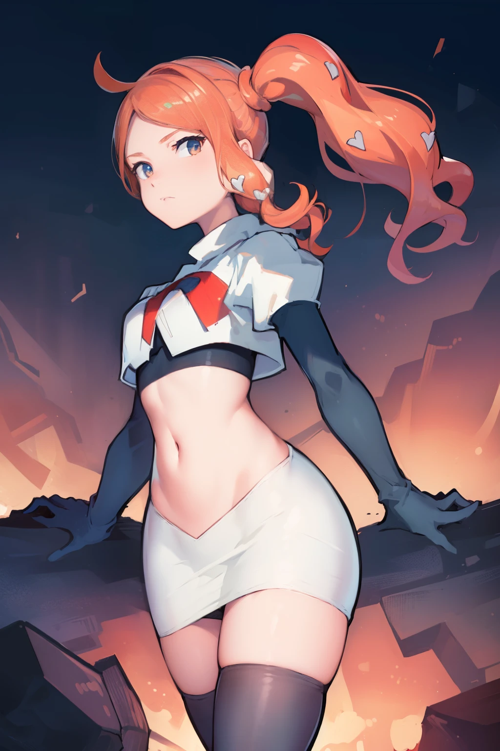 (masterpiece, best quality:1.2), cowboy shot, solo, 1girl, sonia, looking at viewer, side ponytail, heart hair ornament, team rocket,team rocket uniform,white skirt,crop top,black thigh-highs,black elbow gloves