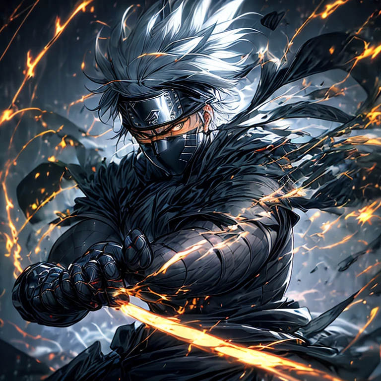 A captivating close-up portrait of the Black Panther in an astounding Kakashi suit, the regal feline figure donning the complex and intricate ninja attire. The suit's rich, glossy black upper body armor is adorned with silver details, resembling lightning bolts, while his muscular lower body is covered in form-fitting, stealthy black pants. His piercing golden eyes radiate intensity and wisdom, framed by expressive, bold white facial markings. The suit's signature headpiece sits meekly atop his head, securing the iconic visor in place. The scene is set against a dark, dramatic background, emphas