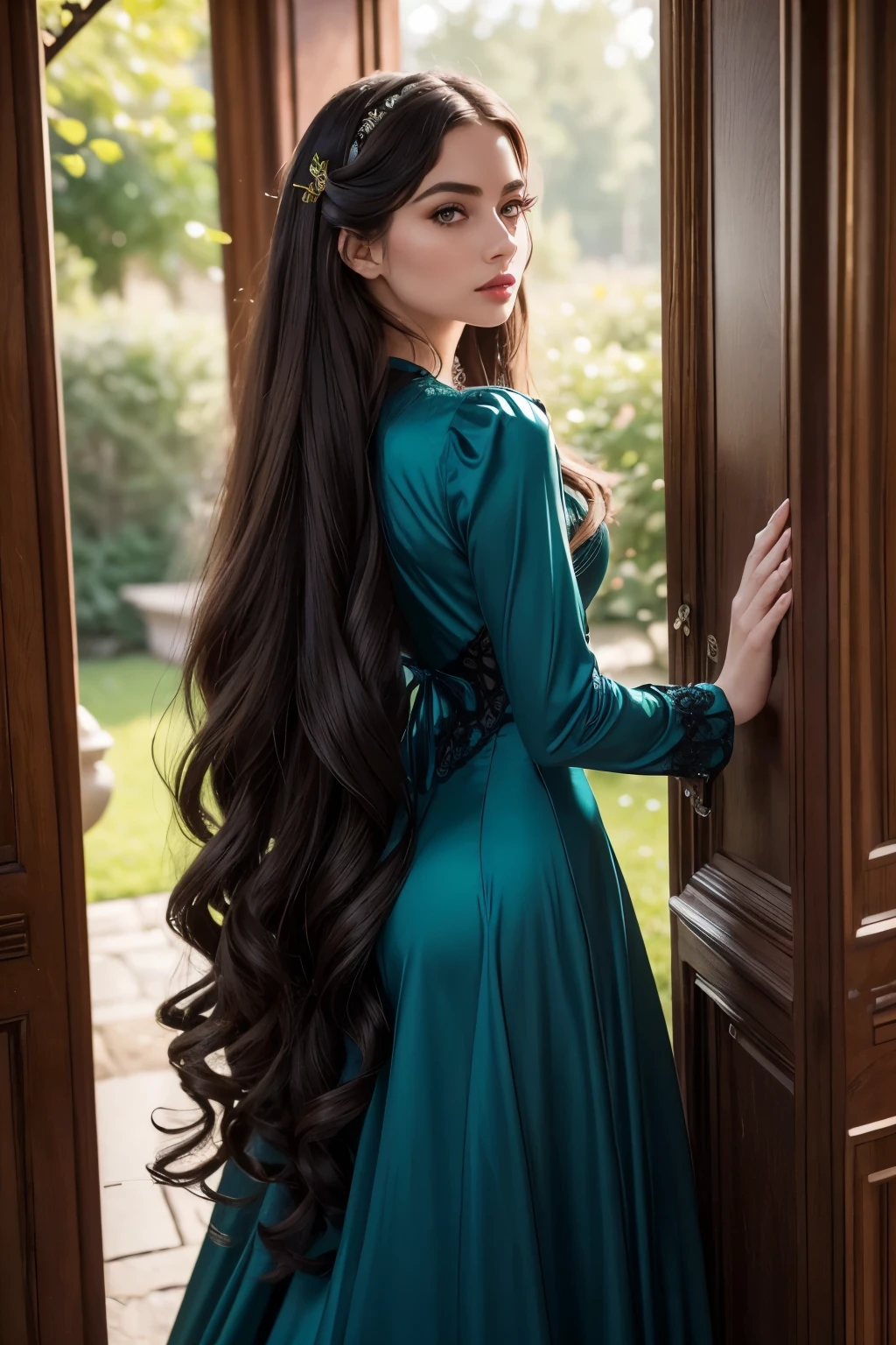 (RAW, Best quality, high resolution, Masterpiece: 1.5), A super beautiful girl, with a Victorian hair style, and super long, luscious green hair cascading down her back, framing her elegant face, and grey eyes that seem to hold an enchanting allure, and red lips that add a pop of color to her porcelain complexion, wearing a stunning Victorian blue dress that perfectly hugs her slender figure and flows gracefully around her, standing inside the grandiose and intricately decorated castle background, the emerald hue of her hair blending seamlessly with the surrounding foliage, the opulence of the castle illuminated by the soft,