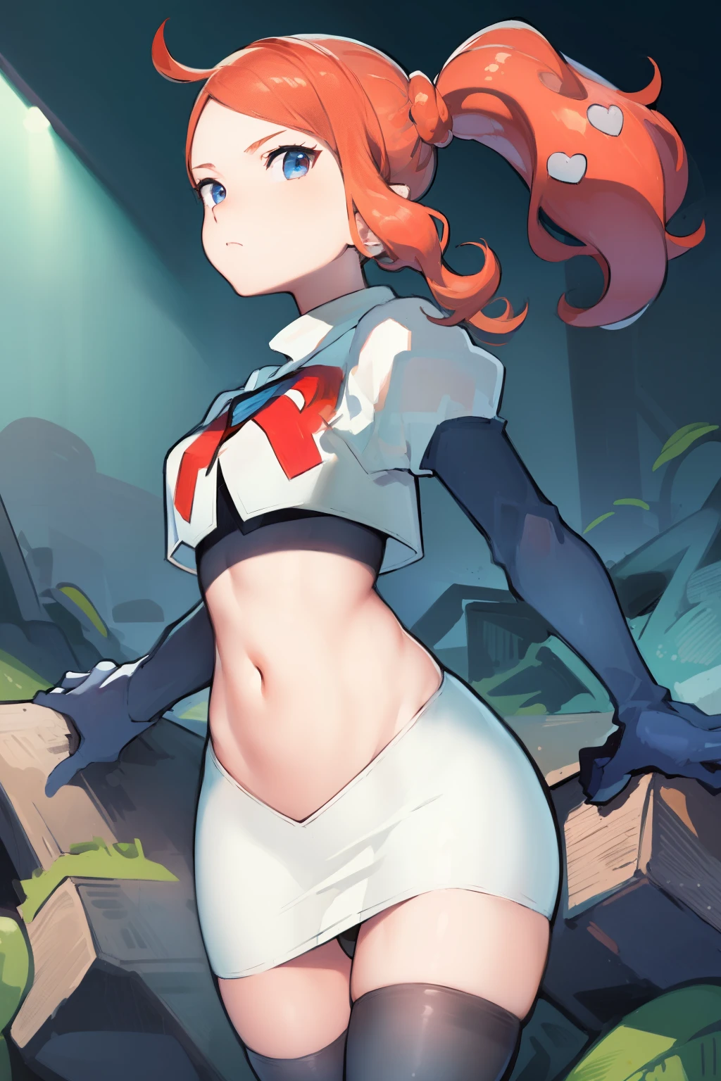 (masterpiece, best quality:1.2), cowboy shot, solo, 1girl, sonia, looking at viewer, side ponytail, heart hair ornament, team rocket,team rocket uniform,white skirt,crop top,black thigh-highs,black elbow gloves