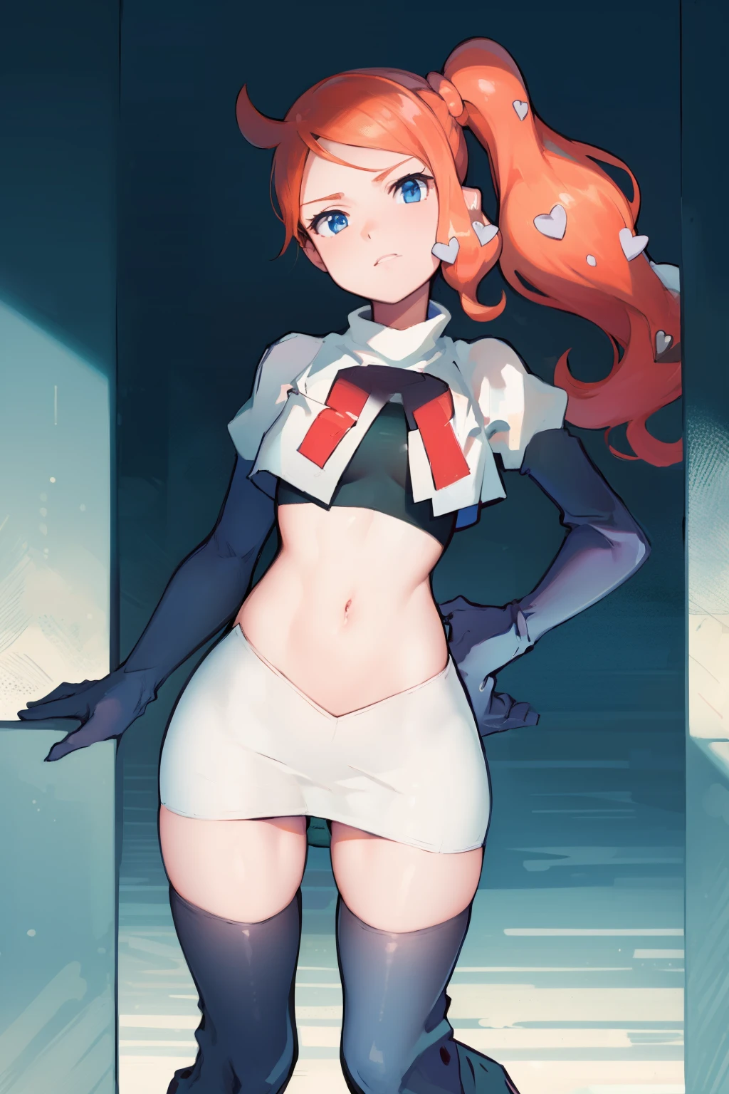 (masterpiece, best quality:1.2), cowboy shot, solo, 1girl, sonia, looking at viewer, side ponytail, heart hair ornament, team rocket,team rocket uniform,white skirt,crop top,black thigh-highs,black elbow gloves