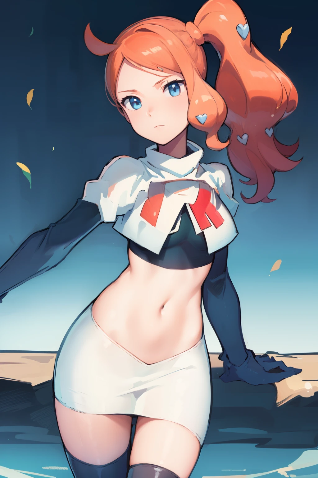 (masterpiece, best quality:1.2), cowboy shot, solo, 1girl, sonia, looking at viewer, side ponytail, heart hair ornament, team rocket,team rocket uniform,white skirt,crop top,black thigh-highs,black elbow gloves