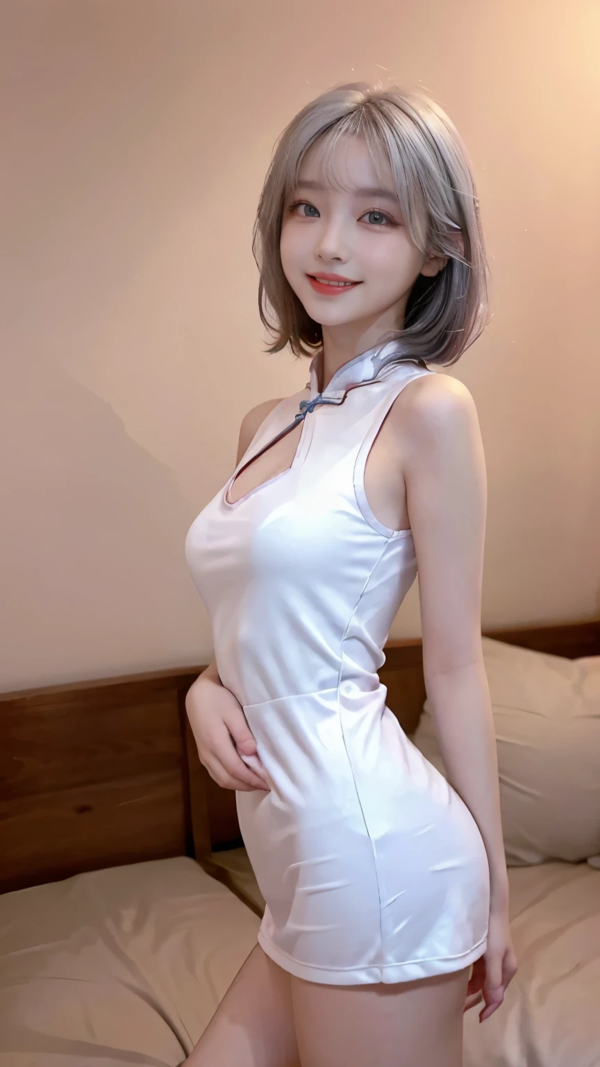 Highest image quality、Live shooting、ultra high resolution、21 year old Korean、small breasts、dynamic angle、cowboy shot、the most beautiful form chaos、elegant、brutalist design、vivid colors、beautiful white hair、short bob、smile、smile、shiny white skin、Beautiful eyes with random colors、Beautiful eyes in every detail、elongated eyes、thin lips、pale pink blush、long eyelashes、beautiful double eyelids、eye shadow、bright room、cheongsam clothing、cosplay、shot from the side、sexy pose