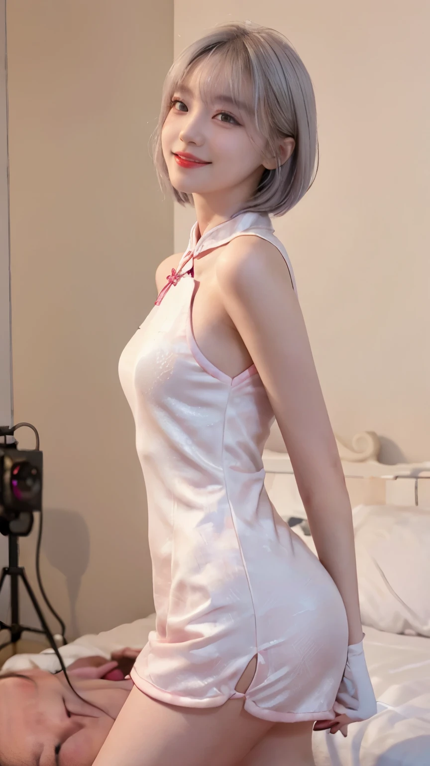 Highest image quality、Live shooting、ultra high resolution、21 year old Korean、small breasts、dynamic angle、cowboy shot、the most beautiful form chaos、elegant、brutalist design、vivid colors、beautiful white hair、short bob、smile、smile、shiny white skin、Beautiful eyes with random colors、Beautiful eyes in every detail、elongated eyes、thin lips、pale pink blush、long eyelashes、beautiful double eyelids、eye shadow、bright room、cheongsam clothing、cosplay、shot from the side、sexy pose