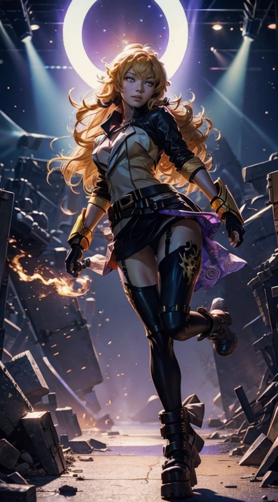 masterpiece,best quality,CG,wallpaper,HDR,high quality,high-definition,extremely detailed,(1girl), Yang Xiao Long, red eyes, absurdly long hair, large breasts, (yanghntr), jacket, thighhighs, garter straps, ahoge, belt, boots, black skirt, night, smile, gauntlets, ((glowing eyes)), walking, purple