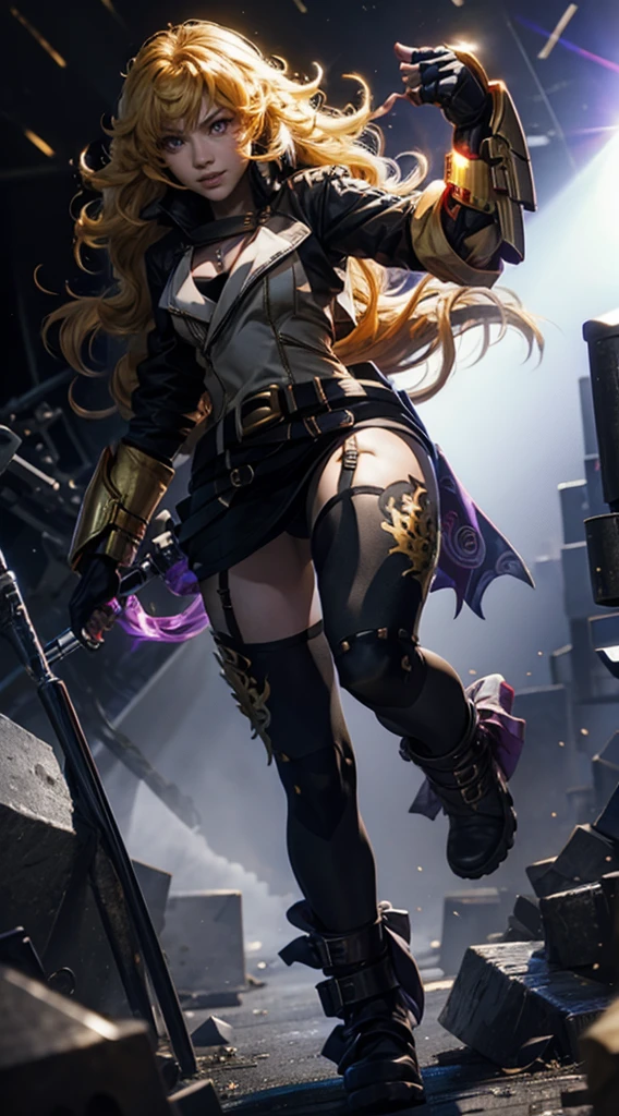 masterpiece,best quality,CG,wallpaper,HDR,high quality,high-definition,extremely detailed,(1girl), Yang Xiao Long, red eyes, absurdly long hair, large breasts, (yanghntr), jacket, thighhighs, garter straps, ahoge, belt, boots, black skirt, night, smile, gauntlets, ((glowing eyes)), walking, purple