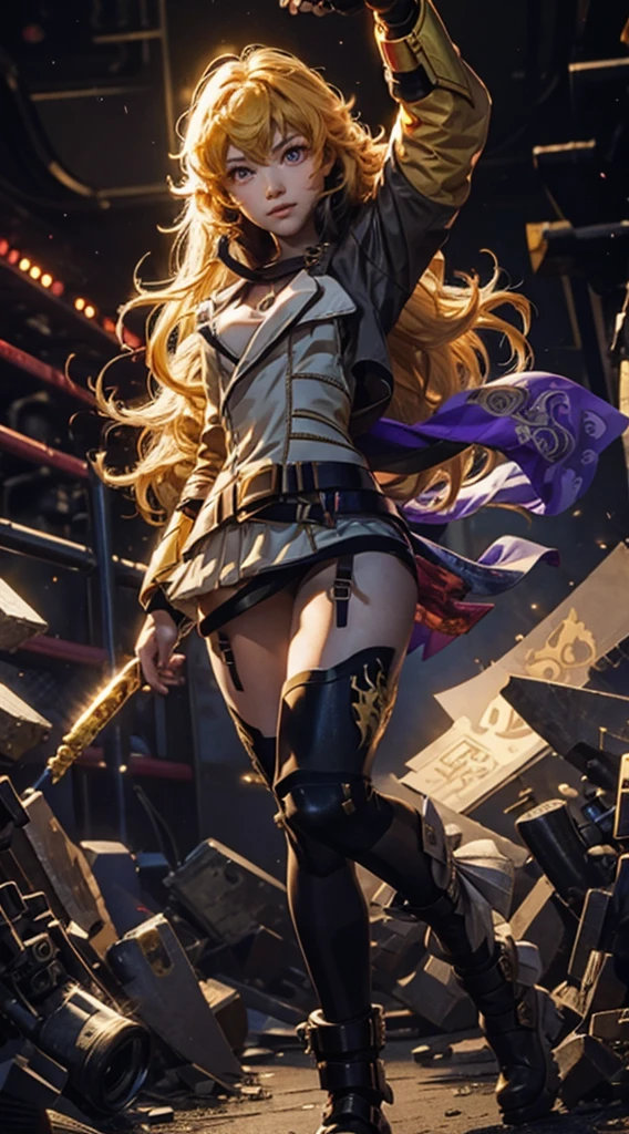 masterpiece,best quality,CG,wallpaper,HDR,high quality,high-definition,extremely detailed,(1girl), Yang Xiao Long, red eyes, absurdly long hair, large breasts, (yanghntr), jacket, thighhighs, garter straps, ahoge, belt, boots, black skirt, night, smile, gauntlets, ((glowing eyes)), walking, purple