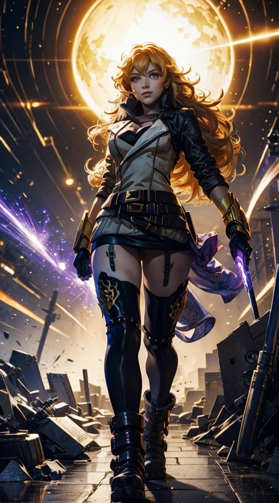 masterpiece,best quality,CG,wallpaper,HDR,high quality,high-definition,extremely detailed,(1girl), Yang Xiao Long, red eyes, absurdly long hair, large breasts, (yanghntr), jacket, thighhighs, garter straps, ahoge, belt, boots, black skirt, night, smile, gauntlets, ((glowing eyes)), walking, purple