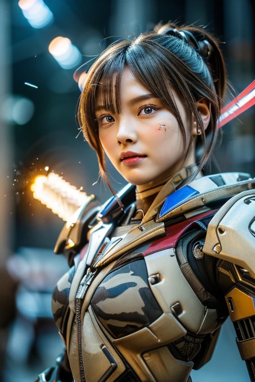 top quality, masterpiece, extremely detailed CG unity 16K wallpaper, ultra-high resolution, high definition, (perfect body, correct ???????:1.5), (from front view:1.4), (dynamic:1.1), professional photo, raw photo, photorealistic, cinematic lighting, sharp focus, depth of field, 1 girl, ((Japanese teen, 16 years old:1.1)), ((super heroine, mecha-musume:1.3)), (cowboy shot:1.2), solo, looking at viewer, intricately detailed face, hyper-realistic skin texture, brown hair, (SINGLE hair bun:1.2), glossy hair, short hair, highly detailed skin, highly detailed eyes, (dark eyes, bright eyes:1.2), ultra-realistic nose and lips, (tall nose:1.4), (slim and round outline of the face:1.3), expressive face, anger, (fighting villains:1.5), tall, slender, medium ??????, perfect body proportion, ((highly weaponized body, powered suit, camouflaged:1.4)), (((a pair of rocket-grenade launchers are mounted on the girl’s both shoulder:1.5))), ((in combat against mercenaries of evil organization:1.5)), (((daytime, noon, outdoor, urban area, slum:1.1)))