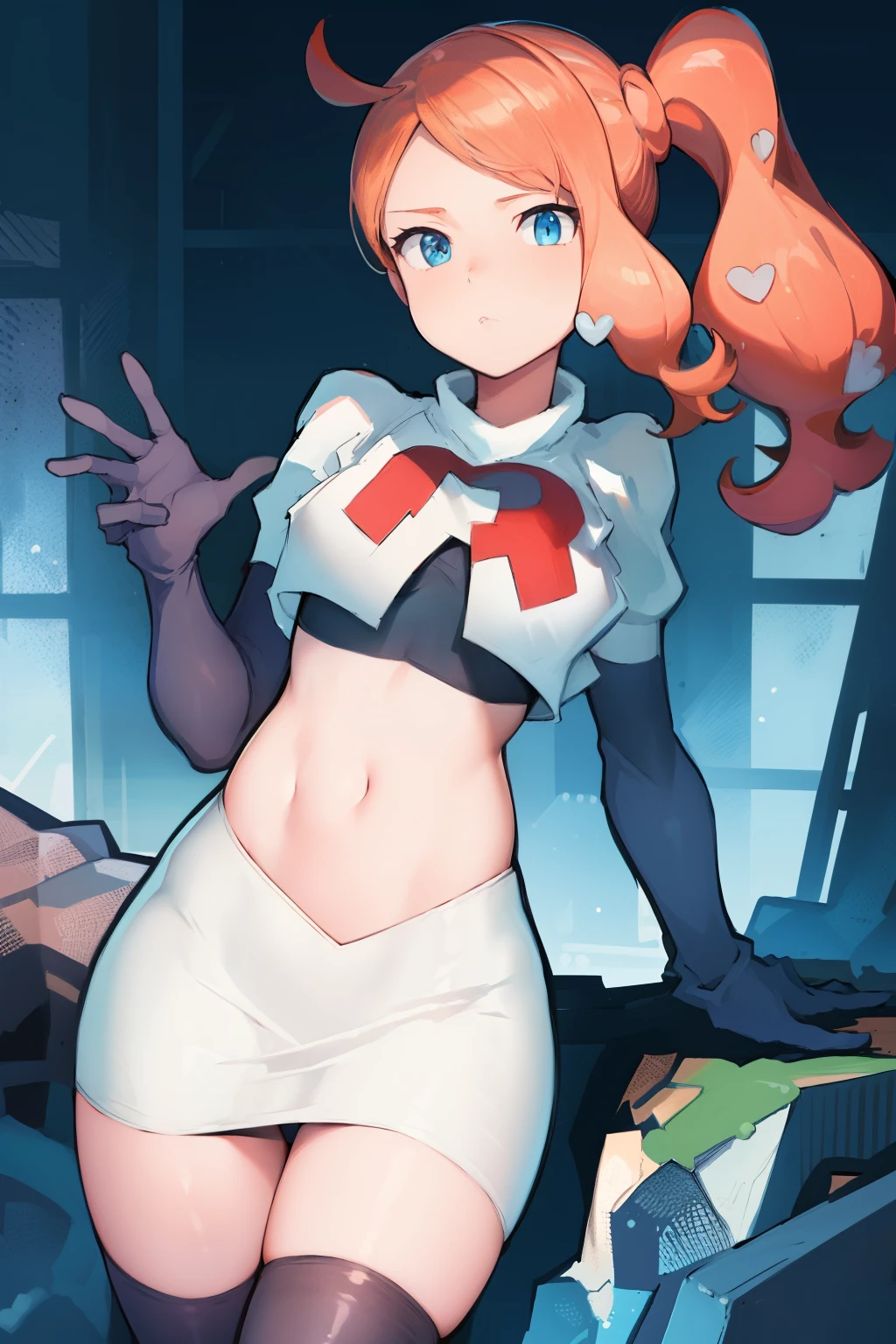 (masterpiece, best quality:1.2), cowboy shot, solo, 1girl, sonia, looking at viewer, side ponytail, heart hair ornament, team rocket,team rocket uniform,white skirt,crop top,black thigh-highs,black elbow gloves