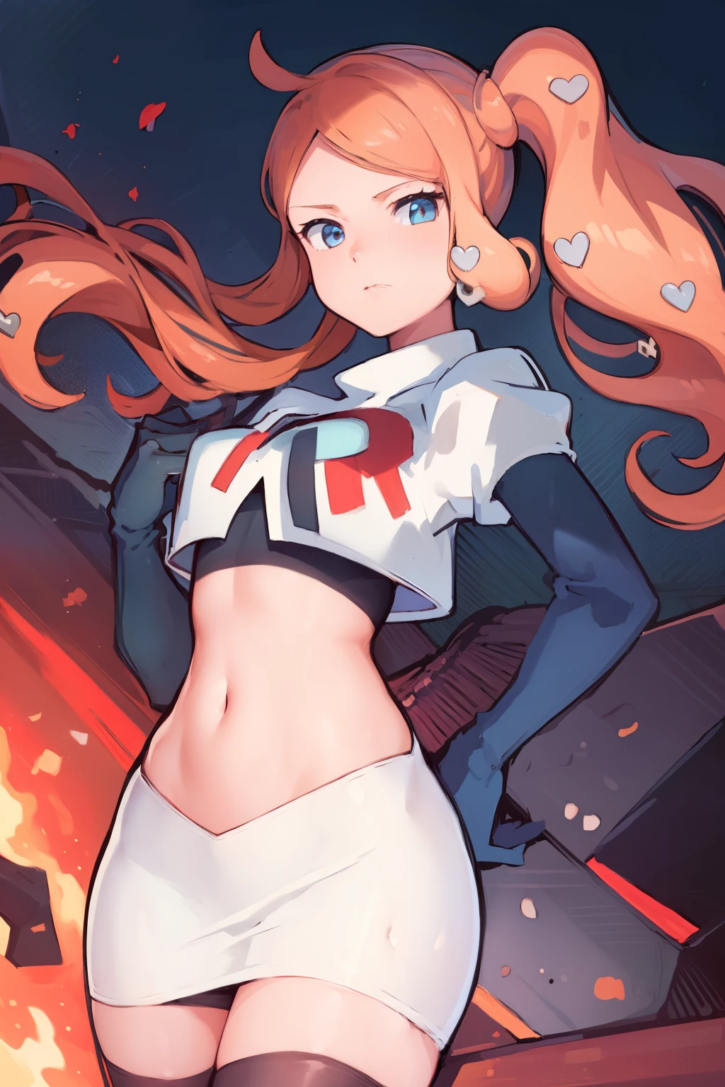 (masterpiece, best quality:1.2), cowboy shot, solo, 1girl, sonia, looking at viewer, side ponytail, heart hair ornament, team rocket,team rocket uniform,white skirt,crop top,black thigh-highs,black elbow gloves