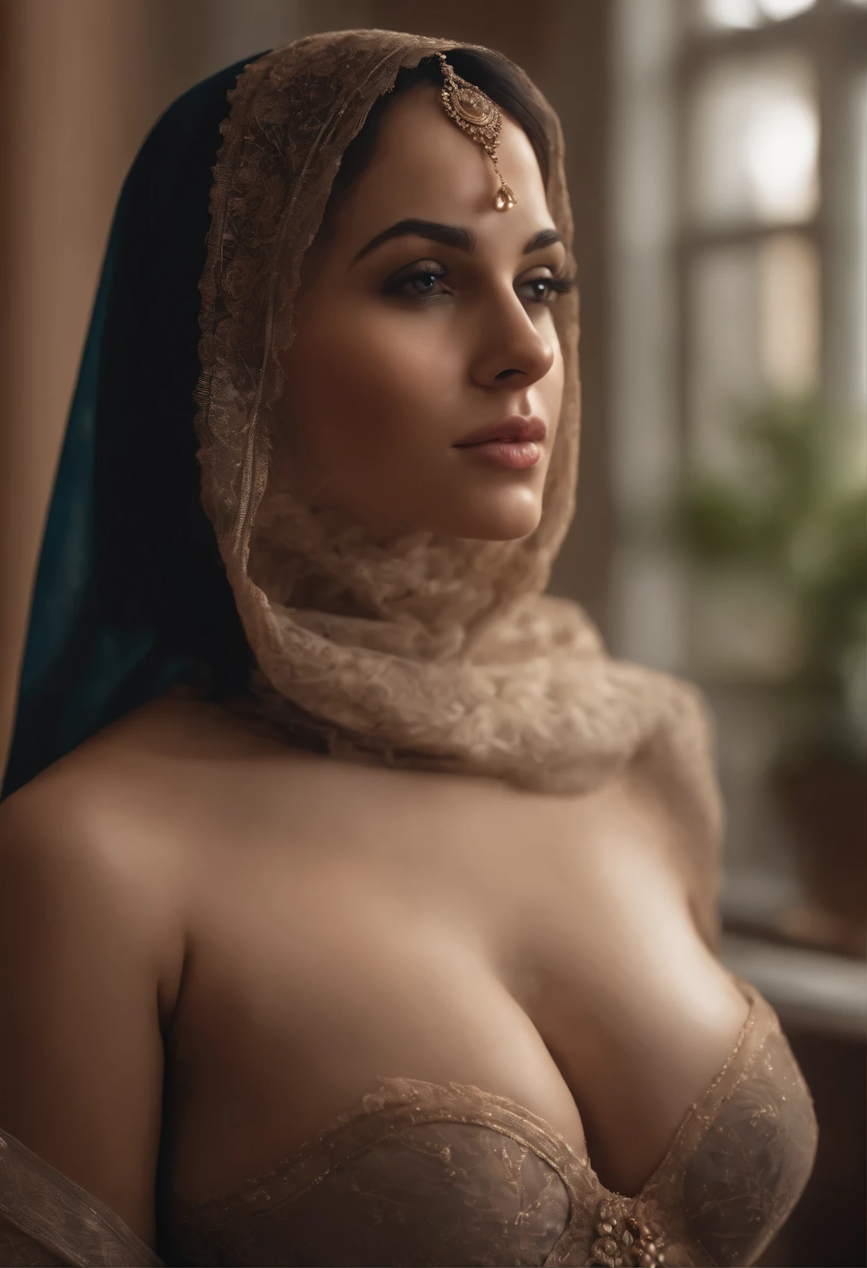 Realistic, (masterpiece:1.4, best quality), (intricate details), unity 8k wallpaper, ultra detailed, (pastel colors:1.3), (hijab, bride ) underwear and corset, beautiful and aesthetic, 1girl, detailed, solo, Victorian mansion, black   hair, red tits, pinkcunt, half naked, sleeveless, no bra, seductive, realistic, Egyptian,lady, brown honey eyes, under under wear realistic organ of man, cock, soft tits, belly soft, Big tits, looking at viewer, seductive, realistic 