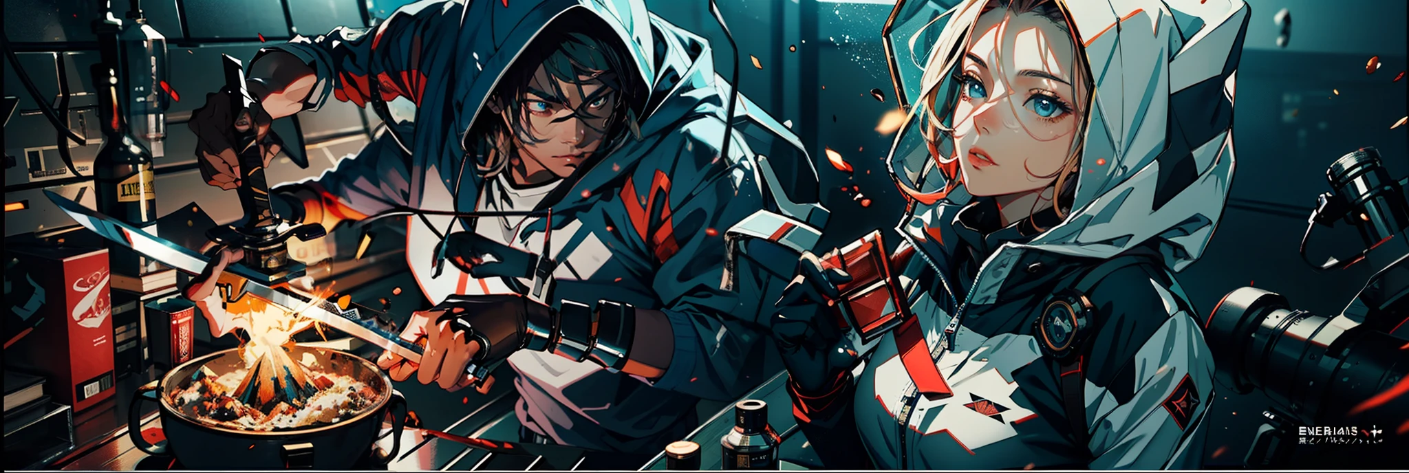 Capture the breathtaking moment as a young, dark-skinned man, dressed in a crisp white windbreaker hoodie, holds katana sword while menacingly staring at Sue Storm in her invisible form. This RAW masterpiece showcases an ultra-high resolution, photorealistic full-body portrait, illuminated by the warm glow of sunlight. The scene is rendered in the captivating style of mecha sci-fi anime, boasting an impressive 8K resolution for the best quality imagery. Crafted with Unreal Engine 1.4, this piece features ultra-realistic 64K CG, skin texture at 1.4, and volumetric fog to add depth and atmosphere. The details are further enhanced with 8K UHD, DSLR quality, film grain, and the artistic touch of lomography. The result is a stunning blend of high-quality visuals, translucent effects, and photorealism that truly captivates the viewer.