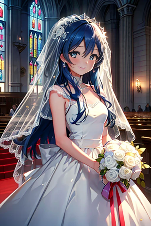 highest quality, masterpiece, High resolution, alone, {Kaimi Sonoda　　　lovelive:1.15}, long hair, blue hair, yellow eyes, blush, smile,bangs,Wedding dress,veil,bouquet,church,chapel,(masterpiece:1.2), highest quality, High resolution, unity 8k wallpaper, (figure:0.8), (beautiful and fine eyes:1.6), highly detailed face, perfect lighting, Very detailed CG, (perfect hands, perfect anatomy),