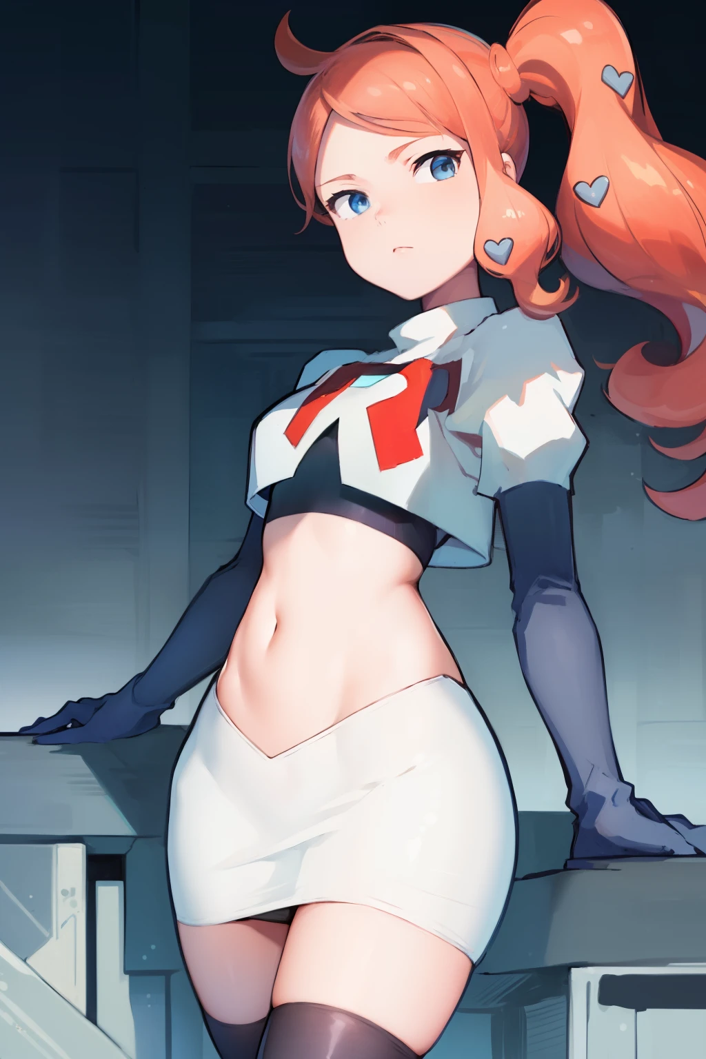 (masterpiece, best quality:1.2), cowboy shot, solo, 1girl, sonia, looking at viewer, side ponytail, heart hair ornament, team rocket,team rocket uniform,white skirt,crop top,black thigh-highs,black elbow gloves