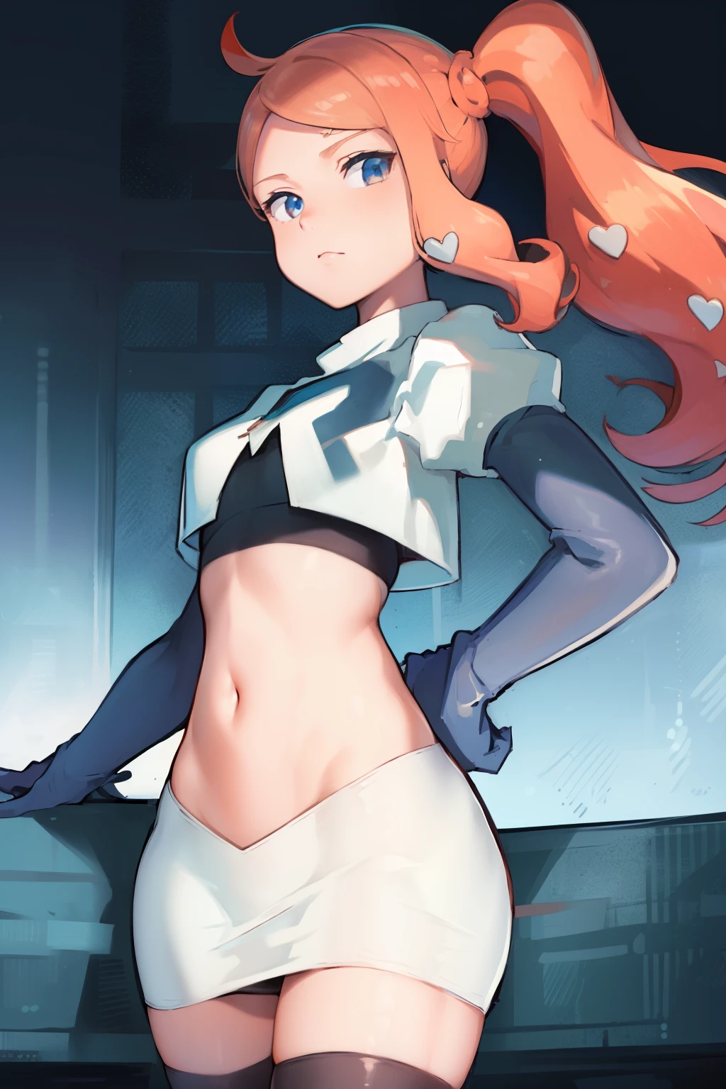 (masterpiece, best quality:1.2), cowboy shot, solo, 1girl, sonia, looking at viewer, side ponytail, heart hair ornament, team rocket,team rocket uniform,white skirt,crop top,black thigh-highs,black elbow gloves