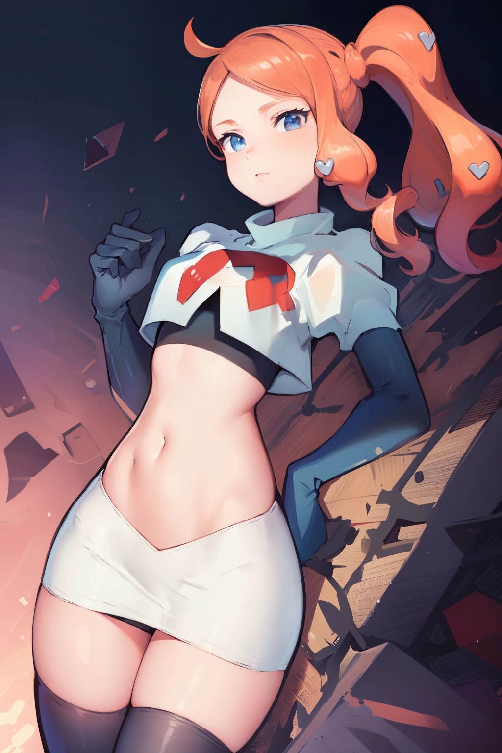 (masterpiece, best quality:1.2), cowboy shot, solo, 1girl, sonia, looking at viewer, side ponytail, heart hair ornament, team rocket,team rocket uniform,white skirt,crop top,black thigh-highs,black elbow gloves