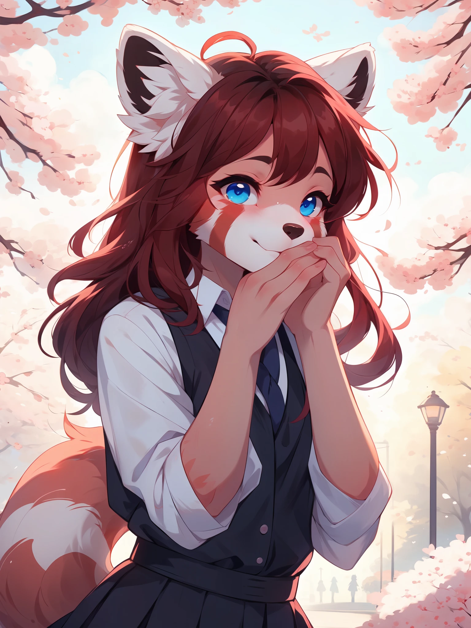 By fumiko, by hyattlen, by hioshiru, a cute red panda girl, red hair, blue eyes, school uniform, in a park, cherry blossom park, bashful pose, hands on her face, close up, a girl in the background 