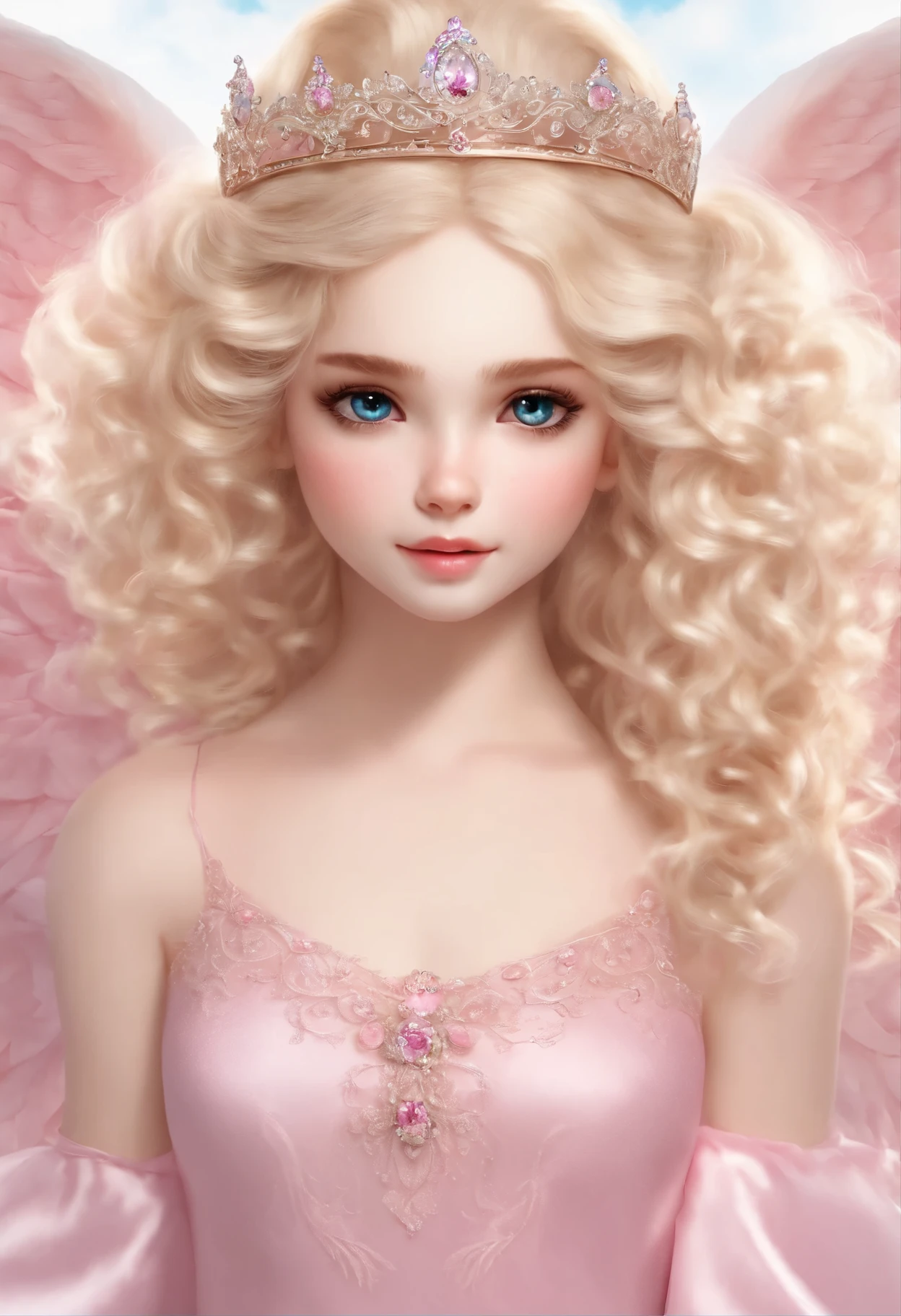 perfectly cute girl,blonde hair,Fluffy and soft curly hair,wears a tiara in hair,white skin,emphasizing the angel,facing forward,Eyes meet,She is wearing a pink turtle lace blouse.,background is white