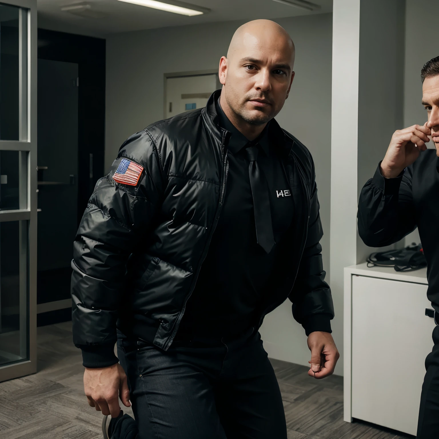 Photorealistic, realistic image, ultra HD, Men in the image. First man 35 years old, bald, very handsome overweight, light eyes, wearing black nylon puffer jacket, very humiliated, on his knees in the office, second handsome male man, 45 years old, bad male expression, light eyes, is on social standing pulling the first man by the tie