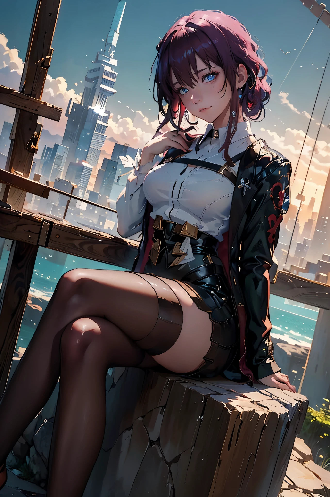 anime girl sitting on a rock looking at the sky,a sky piercing tower far far away, molly millions,((Best Quality)), ((masterpiece)), (Cinematic aesthetics:1.4) Long、A sexy、gorgeous view, depth, high detail, digital art, painted by greg rutkowski, painted by seb mckinnon, trending on artstation