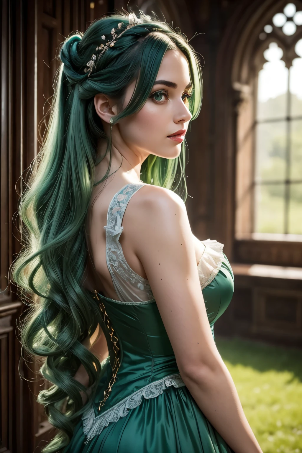 (Photorealistic:1.5), a super beautiful girl,
With Victorian hair style, and super long green hair,
Green hues cascading down her back, shimmering in the light,
And grey eyes that sparkle with an enchanting allure,
Red lips curved into a gentle smile,
Wearing a stunning Victorian blue dress,
The intricate details of the dress's lace and ruffles gleam,
Inside a majestic castle background,
Raw photo, 8k, best quality, masterpiece,
High resolution, crisp and clear, every detail captured,
Green hues dominating the scene,
A captivating and