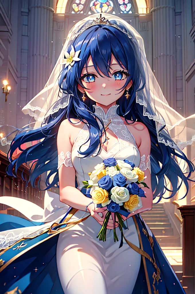 highest quality, masterpiece, High resolution, alone, {Kaimi Sonoda　　　lovelive:1.15}, long hair, blue hair, yellow eyes, blush, smile,bangs,Wedding dress,veil,bouquet,church,chapel,(masterpiece:1.2), highest quality, High resolution, unity 8k wallpaper, (figure:0.8), (beautiful and fine eyes:1.6), highly detailed face, perfect lighting, Very detailed CG, (perfect hands, perfect anatomy),