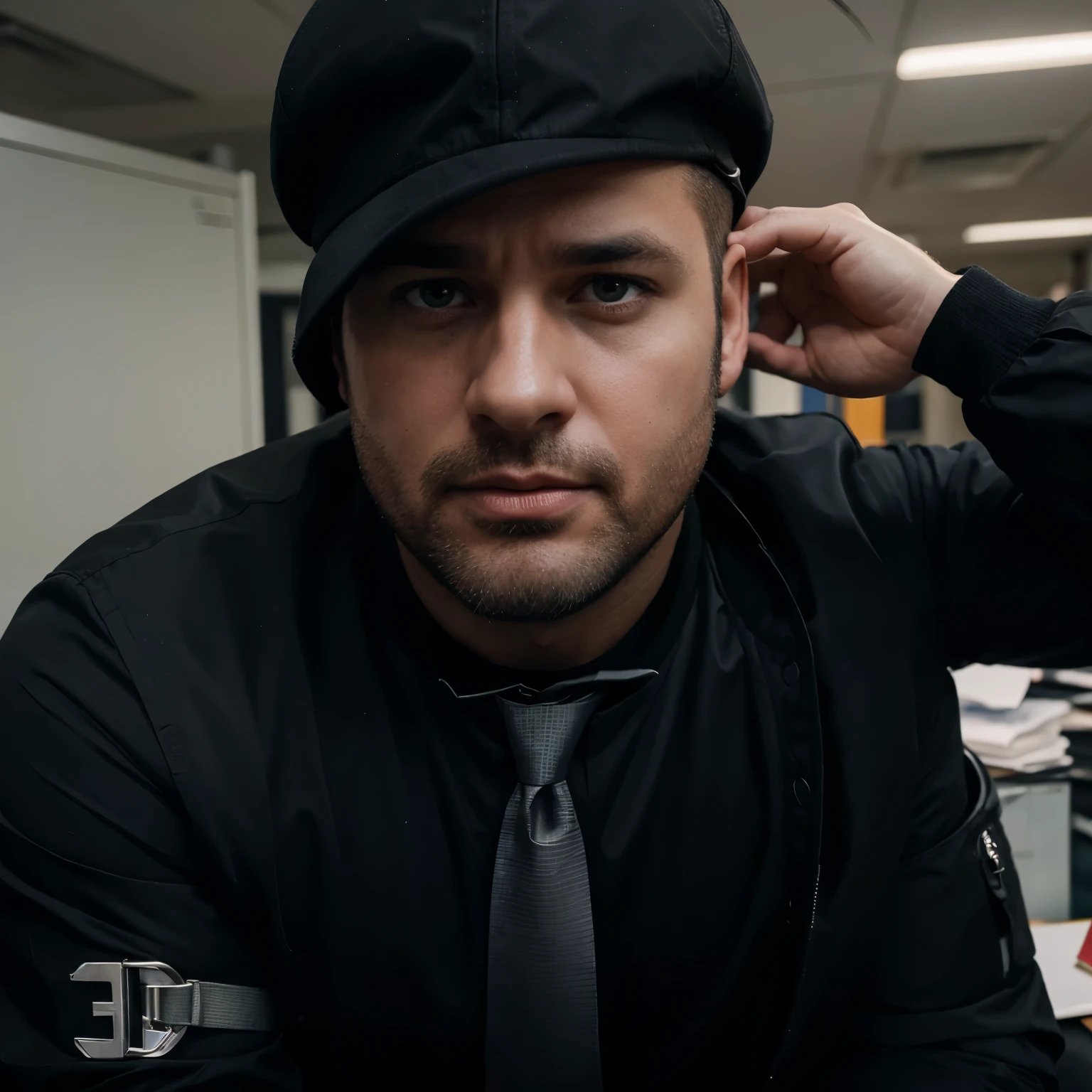 Photorealistic, realistic image, ultra HD, Men in the image. First man 35 years old, bald, very handsome overweight, light eyes, wearing black nylon puffer jacket, very humiliated, on his knees in the office, second handsome male man, 45 years old, bad male expression, light eyes, is on social standing pulling the first man by the tie