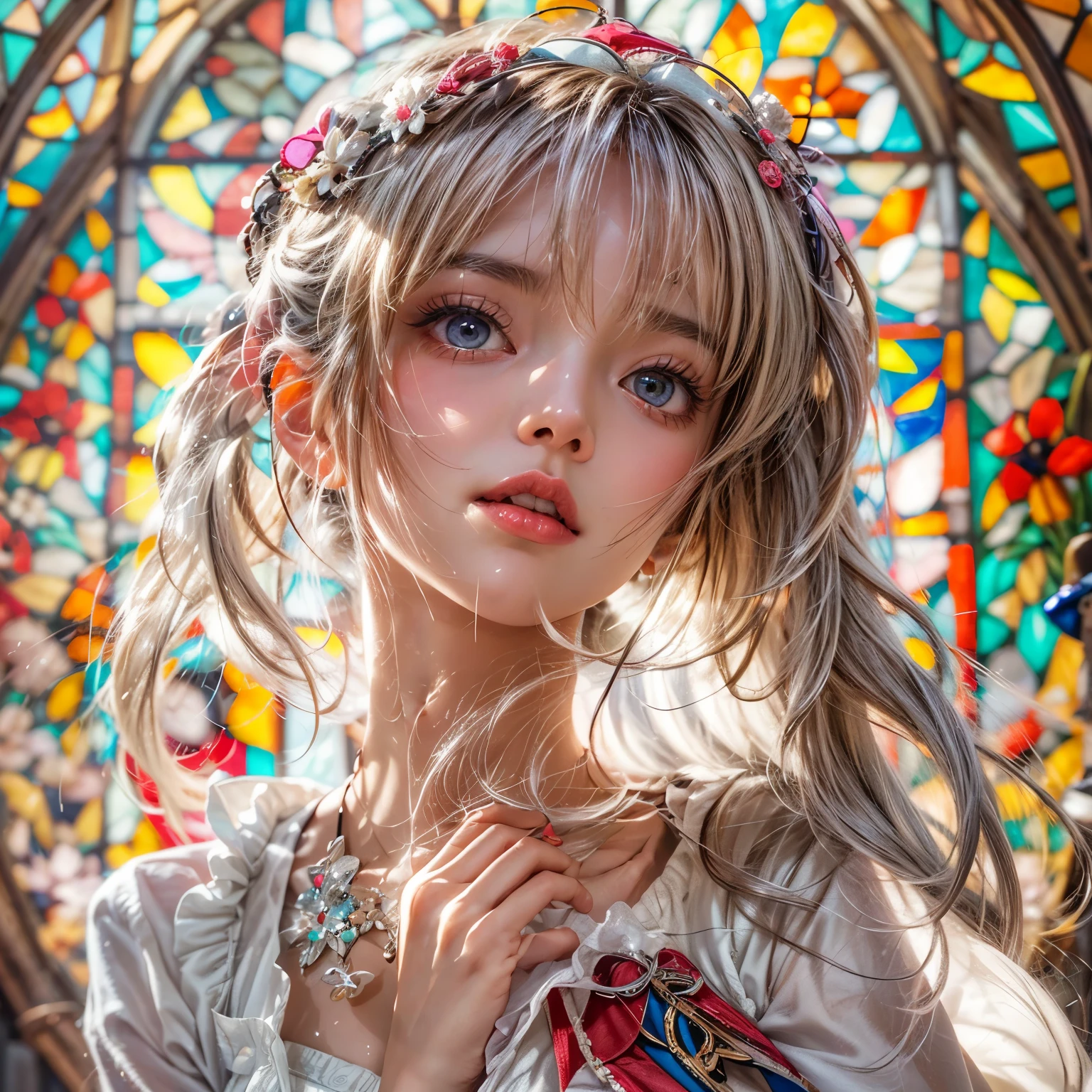 (NSFW:-0.98) . White and Red, (Dazzling colorful light pours down and reflects:1.2), (Physically-based Rendering with incredible detailed Textures), Award-winning Masterpiece of professional Analogue photograpy, { (((Realistic and Photorealistic:1.37))) | (Hasselblad with F2.8) }, (((Acutance:0.85), { from below | from side } )) . ((A group photo of many KAWAII girls in (school uniform)) with visible Overflowing Cleavage) and Navel without bra . (((Extremely detailed KAWAII face variations)) with joyful expressions), { Detailed natural eyes with sparkling highlights and long eyelashes | Rosy cheeks | Navel | (pretty Ass) | (Overflowing underboob) | Oiled ivory skin Details | White panties with (blood seeping only in crotch area) | ((full of Flowers covering girl's body:1.15)) | (((Dazzling colorful stained glass with stunning elaborate details:1.2))) | Mystic sight | A Halo ling in the air | God rays | Haze | Lens flare | Luminescent particles | Kissing face to face } . Ultra-detailed, (Exposed:0.8), (((Nipple:-0.9))) .