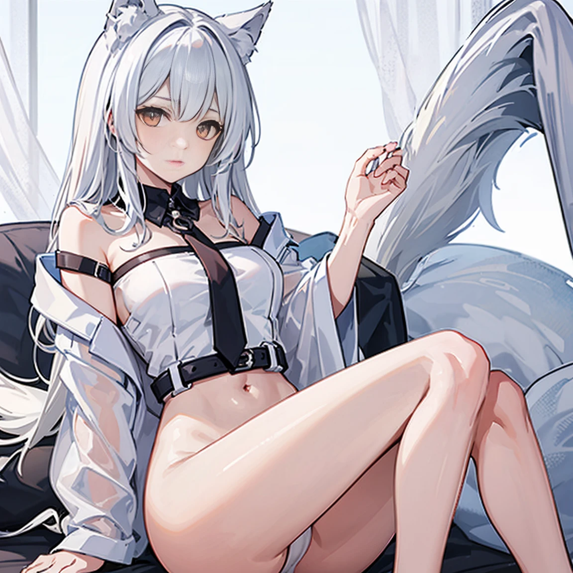 White haired wolf girl without underwear