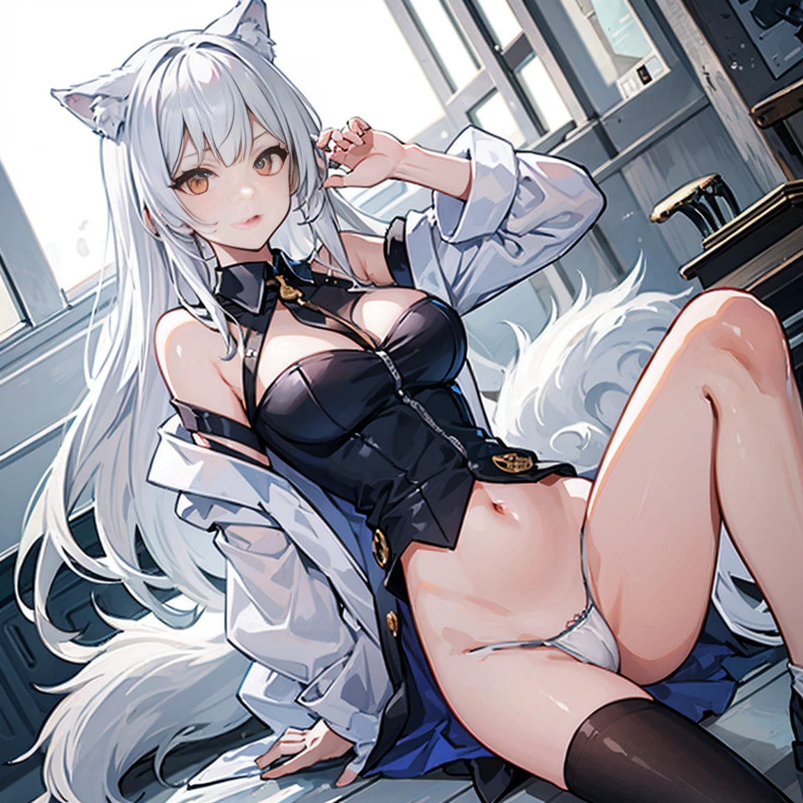 White haired wolf girl without underwear 