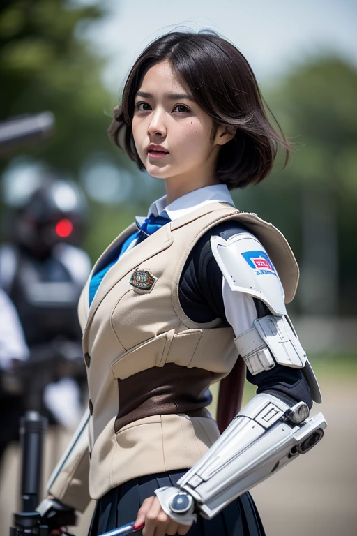 top quality, masterpiece, extremely detailed CG unity 16K wallpaper, ultra-high resolution, high definition, (perfect body, correct anatomy:1.5), (from front view:1.4), (dynamic:1.1), professional photo, raw photo, photorealistic, cinematic lighting, sharp focus, depth of field, 1 girl, ((Japanese , 15 y)), ((super heroine, mecha-musume:1.3)), cowboy shot, solo, looking at viewer, intricately detailed face, hyper-realistic skin texture, black hair, very short hair, glossy hair, highly detailed skin, highly detailed eyes, (dark eyes, narrow eyes:1.3), ultra-realistic nose and lips, (slim and round outline of the face:1.4), expressive face, (anger:1.1), (fighting enemy:1.5), (Japanese high school uniform, brown blazer:1.3), (white collared shirt, blue ribbon tie:1.1), (brown pleated skirt:1.3), ((weaponized body, mechanized body armor:1.5)), slender, medium breast, (perfect body proportion:1.4), ((equipped with a large blaster rifle, shooting the blaster rifle:1.5)), ((during a combat against mercenaries of evil organization:1.4)), daytime, noon, middle of the forest, autumn,