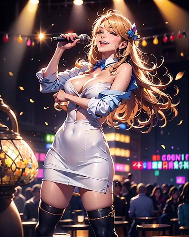 (table top), sexy、Natural light, realistic, camel toe, diffused shine, written boundary depth, professional lighting、Big eyes、eyes are blue、blonde、Russia、Live venue、microphone on right hand、A big smile、one eye is closed、