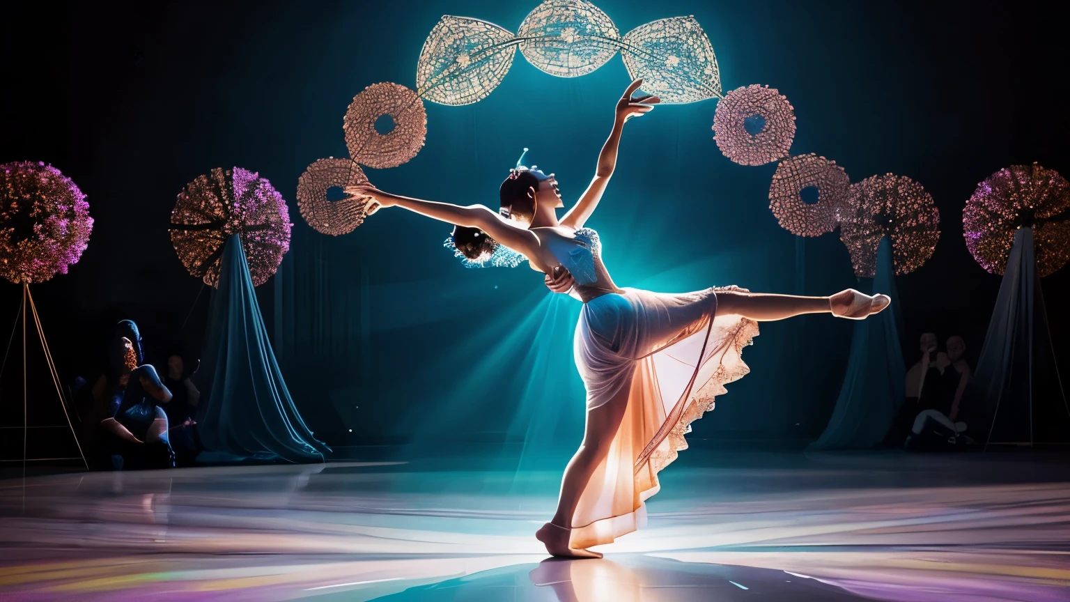 Visualize a captivating scene where a lone figure gracefully dances with ethereal shadows in a surreal dreamscape. The dance symbolizes the intricate steps of embracing change, with vibrant geometric shapes representing growth and resilience swirling around them. Illuminate the scene with the warm glow of a transformative dawn, casting shadows that tell the story of a personal journey shaped by the ever-changing dance of life