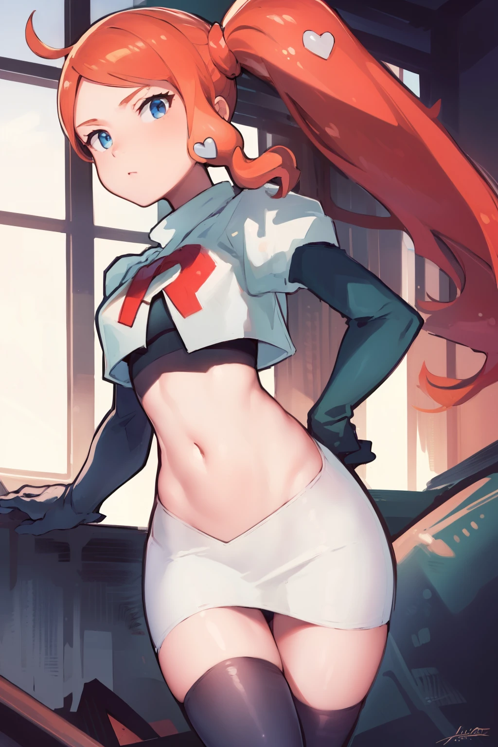 (masterpiece, best quality:1.2), cowboy shot, solo, 1girl, sonia, looking at viewer, side ponytail, heart hair ornament, team rocket,team rocket uniform,white skirt,crop top,black thigh-highs,black elbow gloves