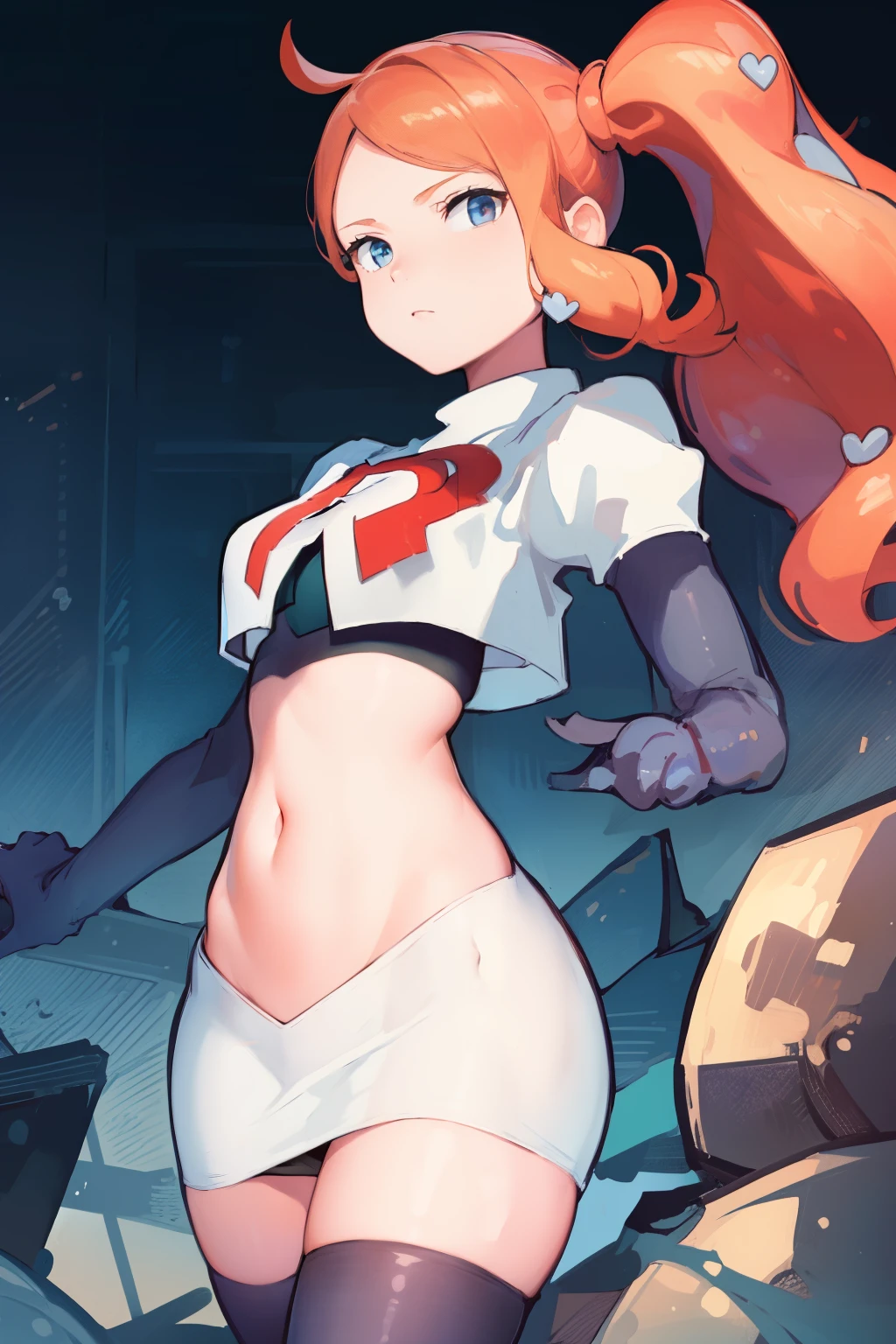 (masterpiece, best quality:1.2), cowboy shot, solo, 1girl, sonia, looking at viewer, side ponytail, heart hair ornament, team rocket,team rocket uniform,white skirt,crop top,black thigh-highs,black elbow gloves