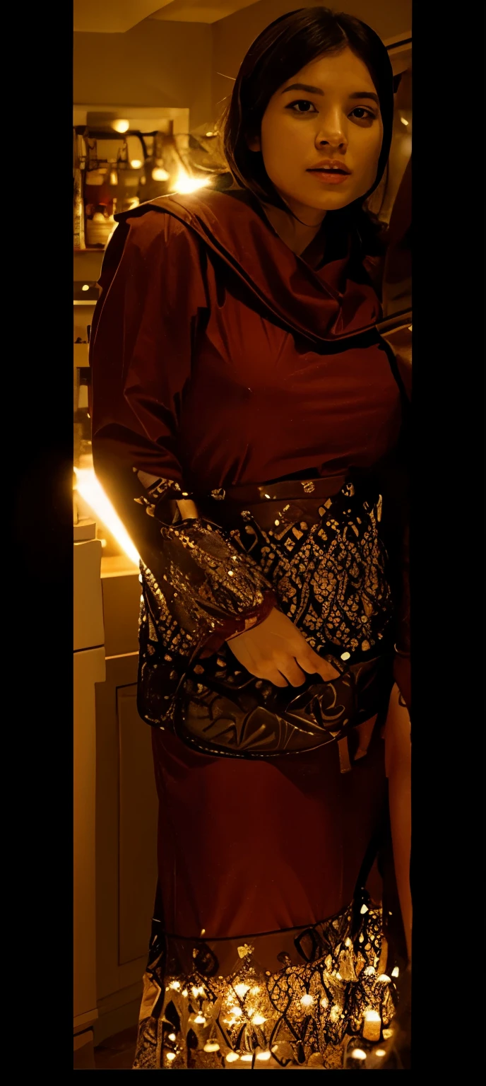 ( Close Up),RAW, Best quality, high resolution, work: 1.3, beautiful Malay woman in hijab, beautiful big eyes, smiling, very beautiful face, perfect face, shiny lips, soft smile, medium portrait, watery eyes, big breasts,thick thighs, woman sitting in a black skirt and a beige blouse, long skirt, dress, high-waist-black-skirt, hijab, with lovely look, modest flowing gown, pleated skirt, style,iwasa mei, long dress female, dressed in long fluent skirt, full body picture, wearing a long flowy fabric, black skirt