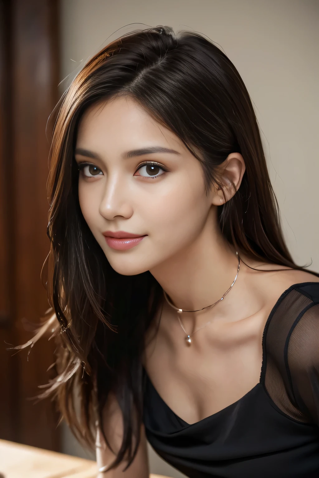 table top, highest quality, realistic, Super detailed, finely, High resolution, 8k wallpaper, 1 beautiful woman,, light brown messy hair, He is wearing a black see-through dress shirt with an open collar., sharp focus, perfect dynamic composition, beautiful and detailed eyes, thin hair, Detailed realistic skin texture, smile, close-up portrait, model body shape