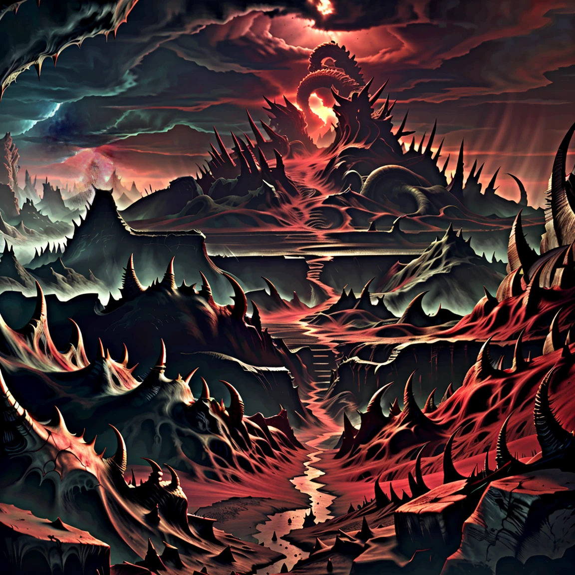 Panoramic view of 7 hell of Dante. Masterpiece illustration, conceptual art, 3d render, blood red sky, landscape of tombs and creepy sculptures, thorns, Spiked walls. Devil sculptures by giger, landscape of horror, digital painting, color drawing. Art by Dan Seagrave.