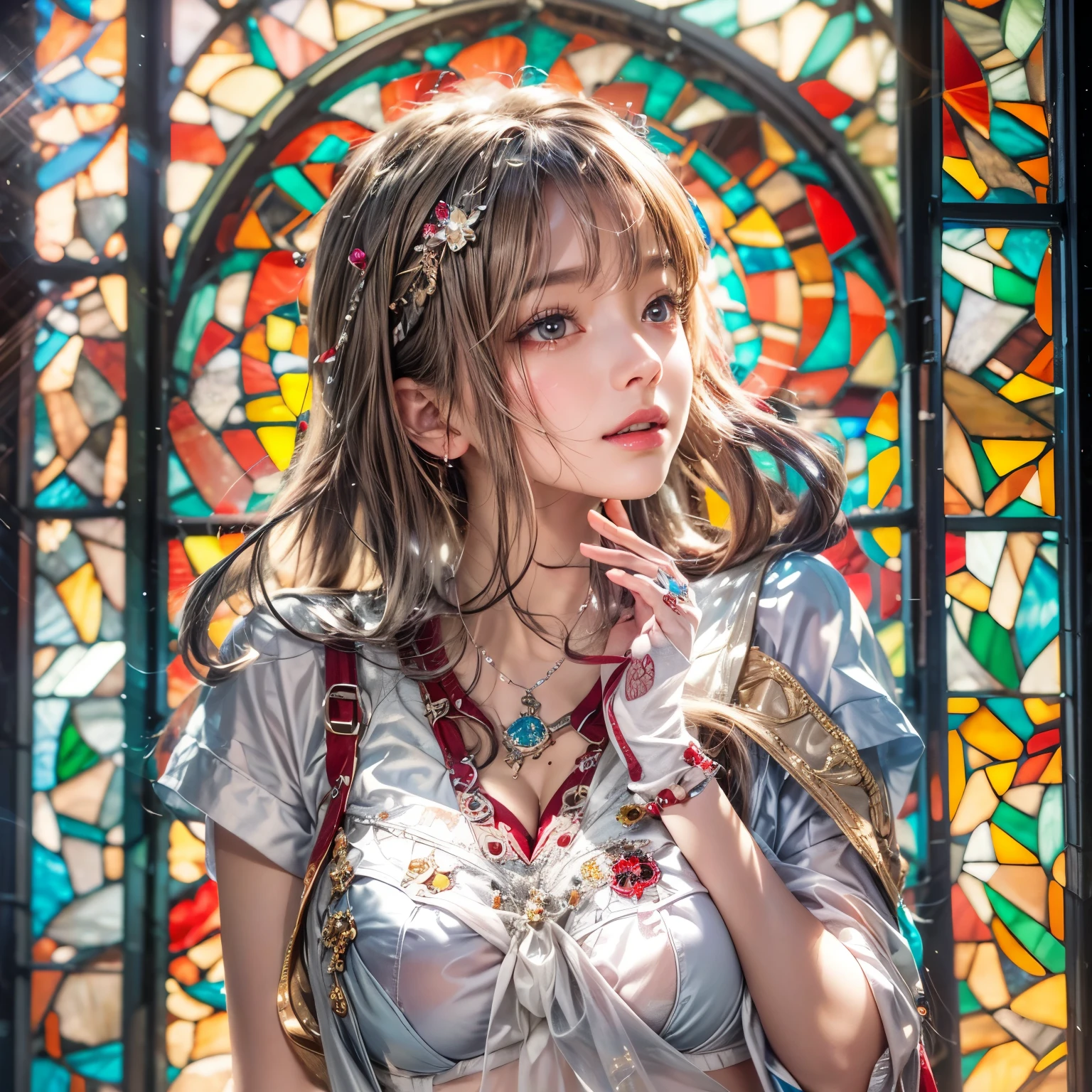 (NSFW:-0.98) . White and Red, (Dazzling colorful light pours down and reflects:1.2), (Physically-based Rendering with incredible detailed Textures), Award-winning Masterpiece of professional Analogue photograpy, { (((Realistic and Photorealistic:1.37))) | (Hasselblad with F2.8) }, (((Acutance:0.85), { from below | from side } )) . ((A group photo of many KAWAII girls in (school uniform)) with visible Overflowing Cleavage) and Navel without bra . (((Extremely detailed KAWAII face variations)) with joyful expressions), { Detailed natural eyes with sparkling highlights and long eyelashes | Rosy cheeks | Navel | (pretty Ass) | (Overflowing underboob) | Oiled ivory skin Details | White panties with (blood seeping only in crotch area) | ((full of Flowers covering girl's body:1.15)) | (((Dazzling colorful stained glass with stunning elaborate details:1.2))) | Mystic sight | A Halo ling in the air | God rays | Haze | Lens flare | Luminescent particles | Kissing face to face } . Ultra-detailed, (Exposed:0.8), (((Nipple:-0.9))) .