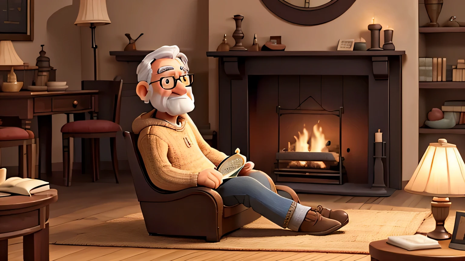 Setting:
In the heart of a warm and inviting living room, the stage is set for a scene of comfort and connection. Soft, ambient lighting bathes the room in a gentle glow, creating a cozy atmosphere. Plush cushions and a well-worn, oversized armchair provide the perfect reading nook, while a crackling fireplace completes the comforting ambiance.
Dad's Attire:
The dad is dressed in a comfortable sweater and a pair of well-loved, faded jeans. His socks, peeking out from beneath the cuffs of his pants, suggest an air of relaxation. A pair of cozy slippers rest nearby, evidence of a well-deserved break.
Posture:
Seated in the oversized armchair, the dad leans back comfortably, embracing the plush cushions for added support. One leg is crossed casually over the other, reflecting a sense of ease. With one arm draped over the armrest and the other cradling a book, he radiates contentment.
Expression:
A gentle smile plays on the dad's face as he immerses himself in the world of the book. His eyes, lit up by the soft glow of the reading lamp, reveal a sense of tranquility and joy. The lines on his face hint at the wisdom of experience and the love he brings to the moment.
Surroundings:
The room is adorned with personal touches, such as family photographs on the nearby wall and a small table holding a cup of steaming tea. A cozy blanket is neatly folded over the arm of the chair, inviting the idea of shared moments and comfort. A few well-loved children's books are scattered nearby, perhaps hinting at a storytime ritual.
Details:
The air is filled with the subtle scent of a burning candle, adding an extra layer of warmth to the scene. A pair of reading glasses rests atop the open book, signaling a quiet moment of introspection. The flickering flames in the fireplace cast a gentle dance of shadows, contributing to the overall serenity of the setting.
This detailed character description aims to capture the essence of a dad immersed in a tranquil reading experience.