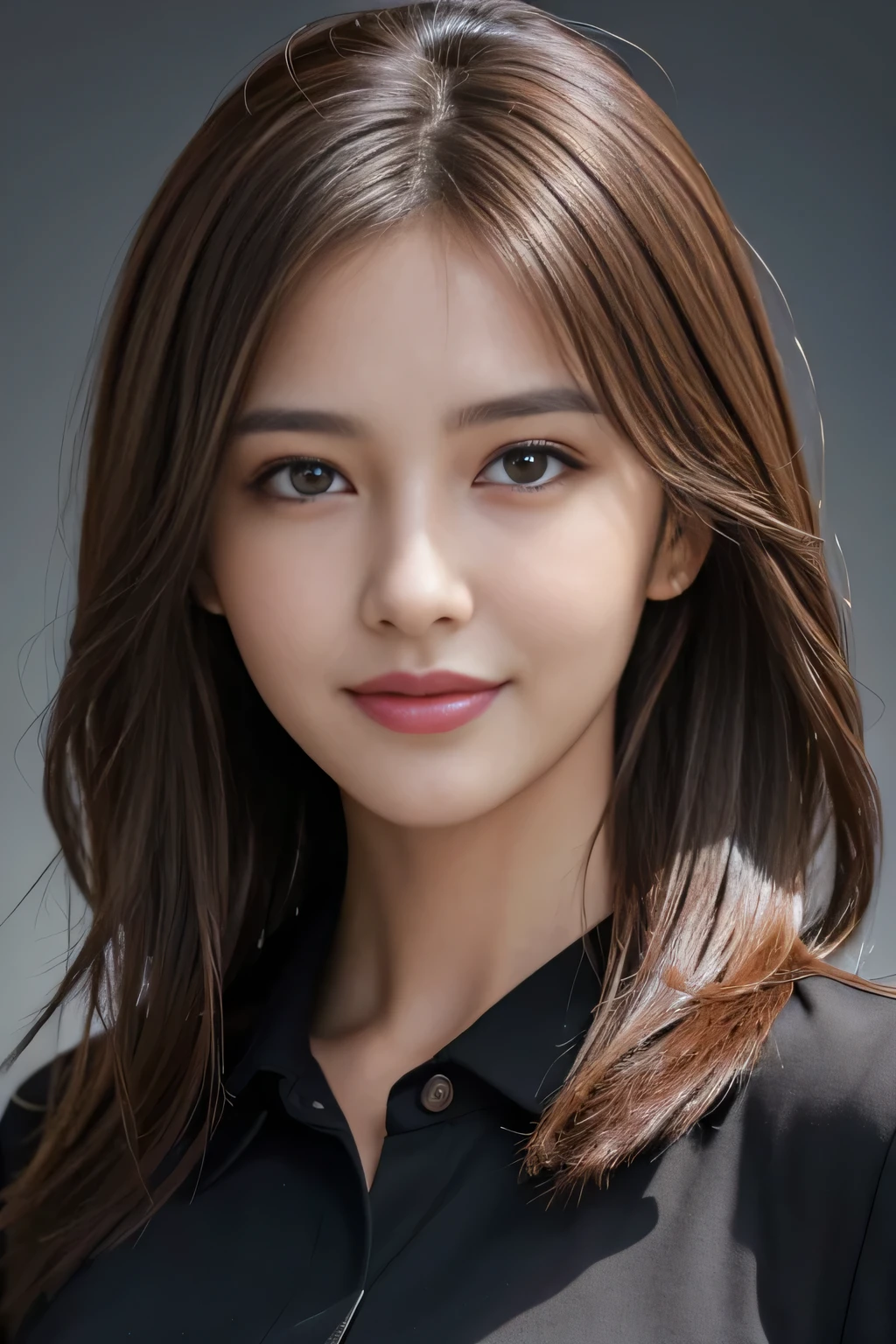 A woman with long brown hair and a black shirt - SeaArt AI