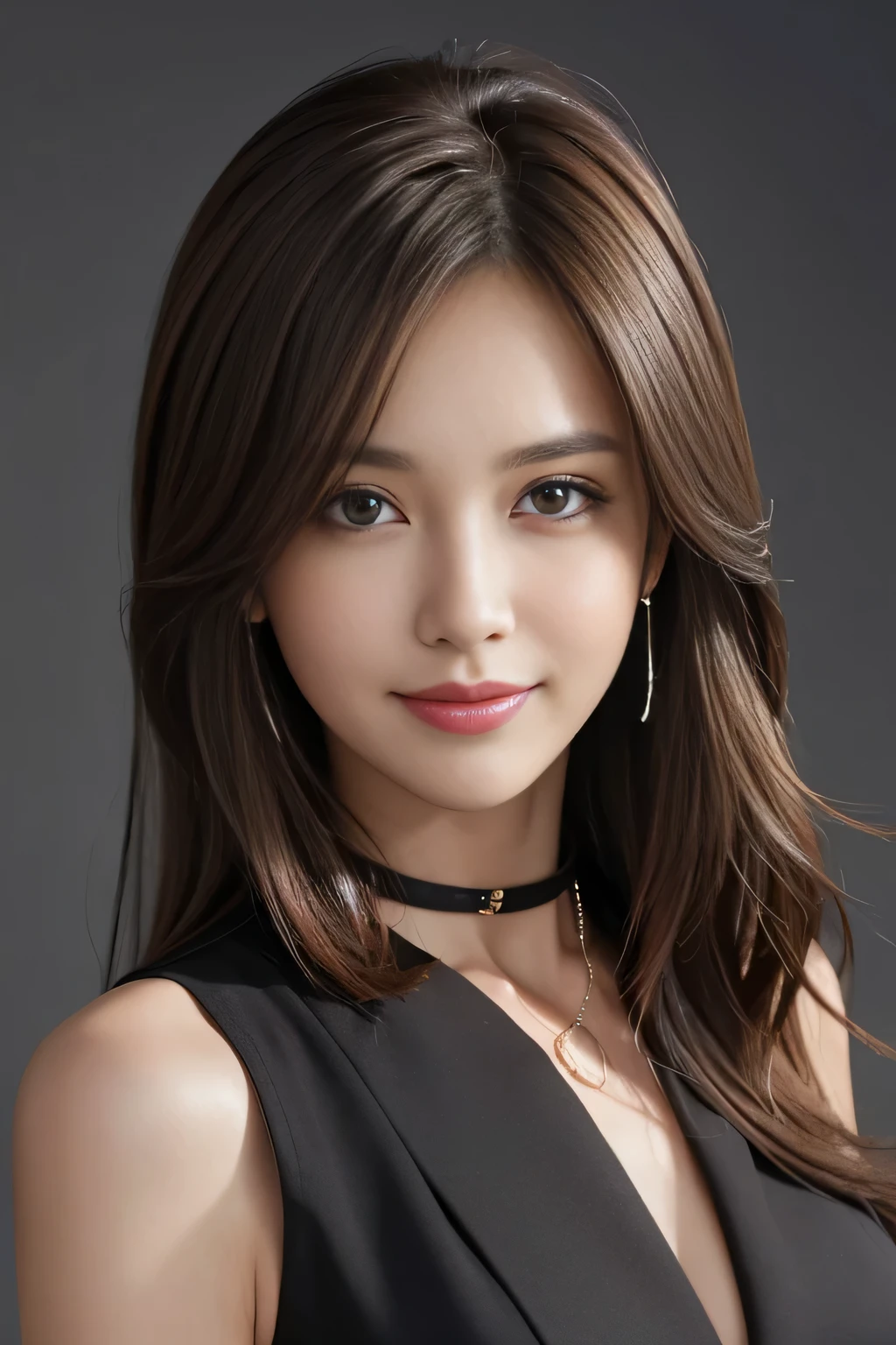 masterpiece, Highest quality, Very detailed, 複雑に詳細なSuper detailed, Realistic, Sharp features, Very detailed, Sharp focus, Perfect Face, Perfect Face, Perfect symmetrical perfect eyes, Perfect Plump Lips, Flexible female form, Cinematic, Film Light, Super detailed, hyper Realistic, High resolution, Vibrant, Dynamic Studio Lighting, ((Dark Background)), (A modest smile), (Captivating smile), Light brown hair, Asymmetrical hair, Asymmetrical bangs, Messy Hair, Long Hair, Exposed cleavage, Brown eyes, Blue sweater, Cowboy Shot, 